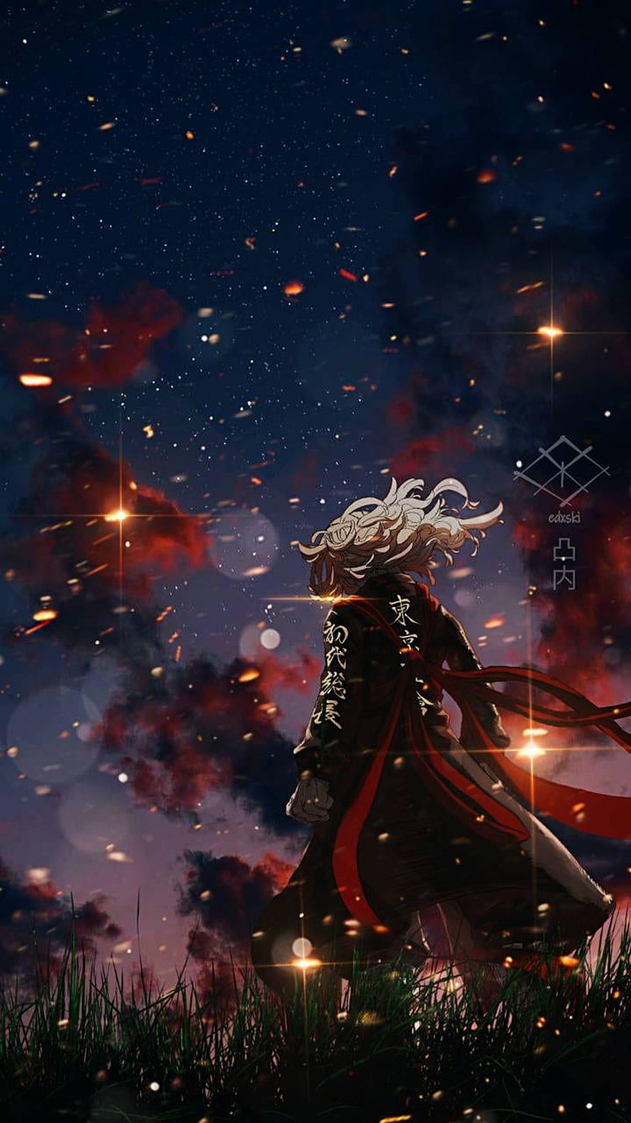 Mikey from Tokyo Revengers Standing in a Field of Embers Under a Starry Night Sky HD phone wallpaper