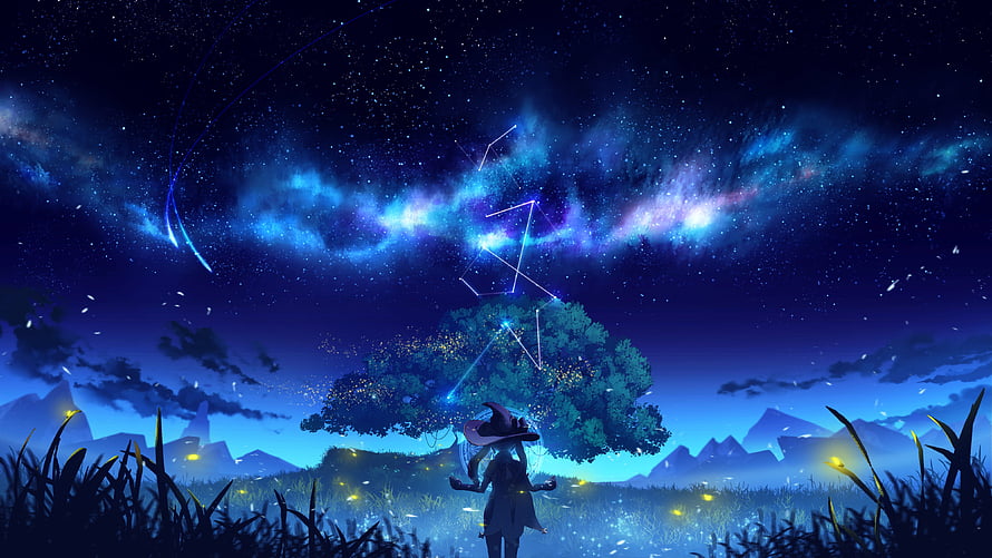 Genshin Impact Night Sky Constellation Scene with Character Under Glowing Tree HD wallpaper