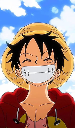 Monkey D. Luffy from One Piece wearing a straw hat and red hoodie smiling against a blue sky HD phone wallpaper