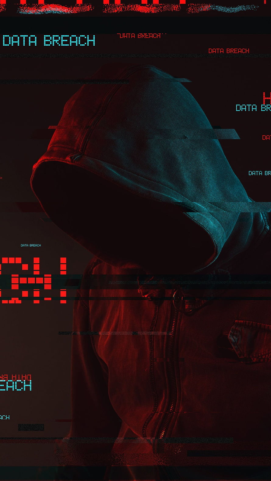 Hacker in Hoodie with Glitch Effect and Data Breach Text Overlay HD phone wallpaper