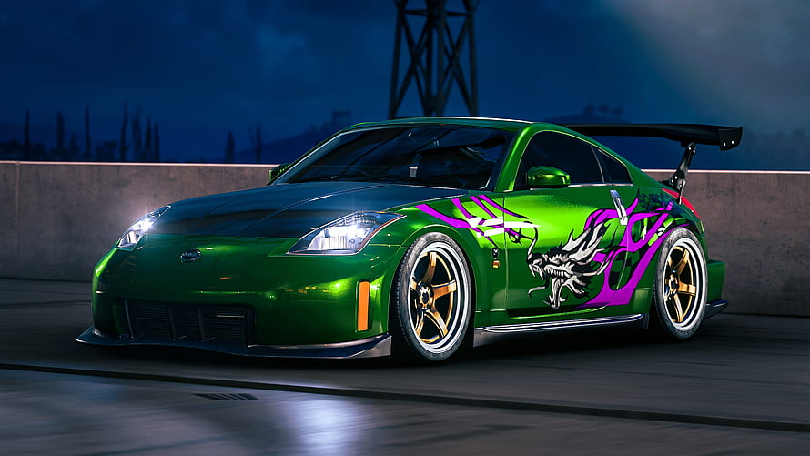 Green Nissan 350Z with Purple Dragon Livery and Gold Rims Night Wallpaper HD wallpaper