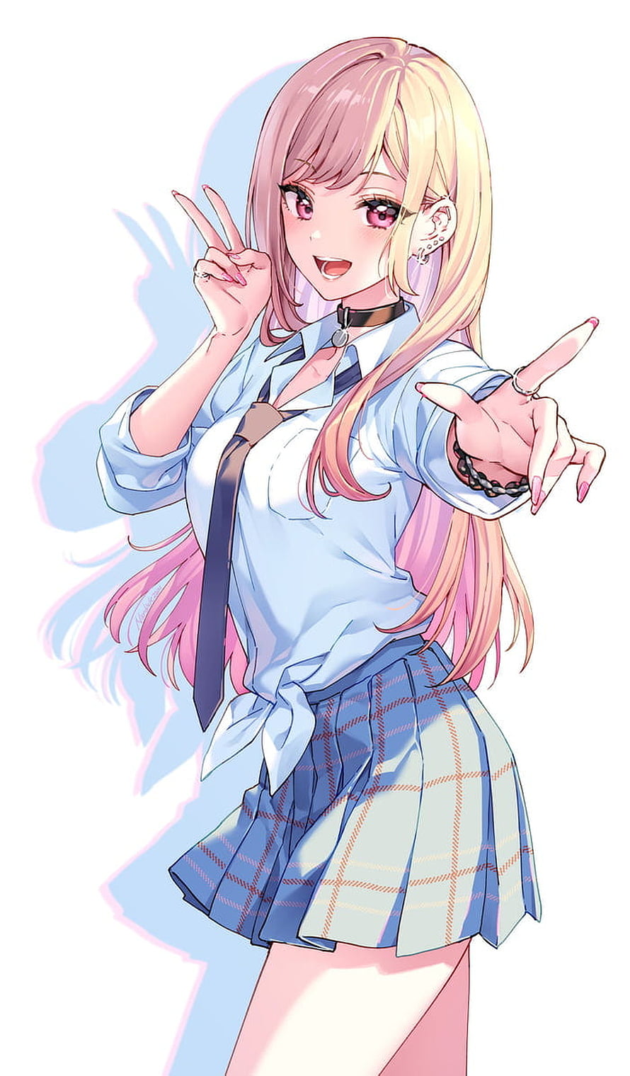 Anime Girl With Pink And Blonde Hair In School Uniform Making Peace Sign HD phone wallpaper