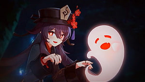 Hu Tao and Her Ghost Companion in a Dark Fantasy Anime Illustration HD wallpaper