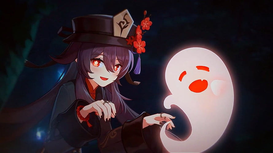 Hu Tao and Her Ghost Companion in a Dark Fantasy Anime Illustration HD wallpaper