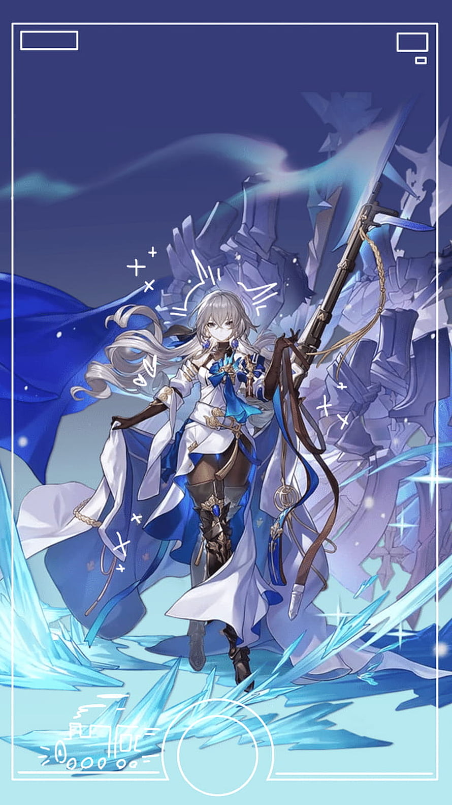 Blue and White Anime Girl with Ice Spear and Crystalline Background HD phone wallpaper