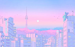 Lo-fi Anime Seoul Cityscape with N Seoul Tower at Sunset HD wallpaper
