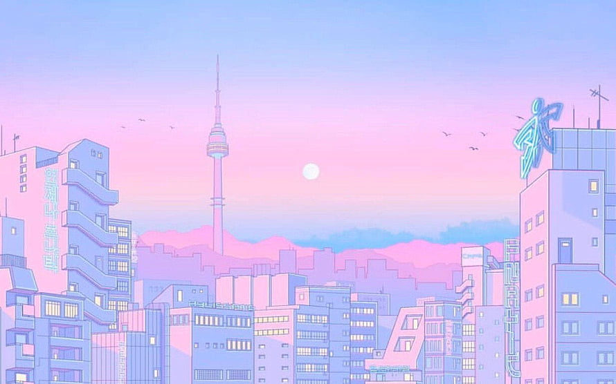 Lo-fi Anime Seoul Cityscape with N Seoul Tower at Sunset HD wallpaper