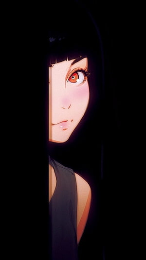 Anime Girl Peeking From Darkness With Red Eyes And Black Hair HD phone wallpaper