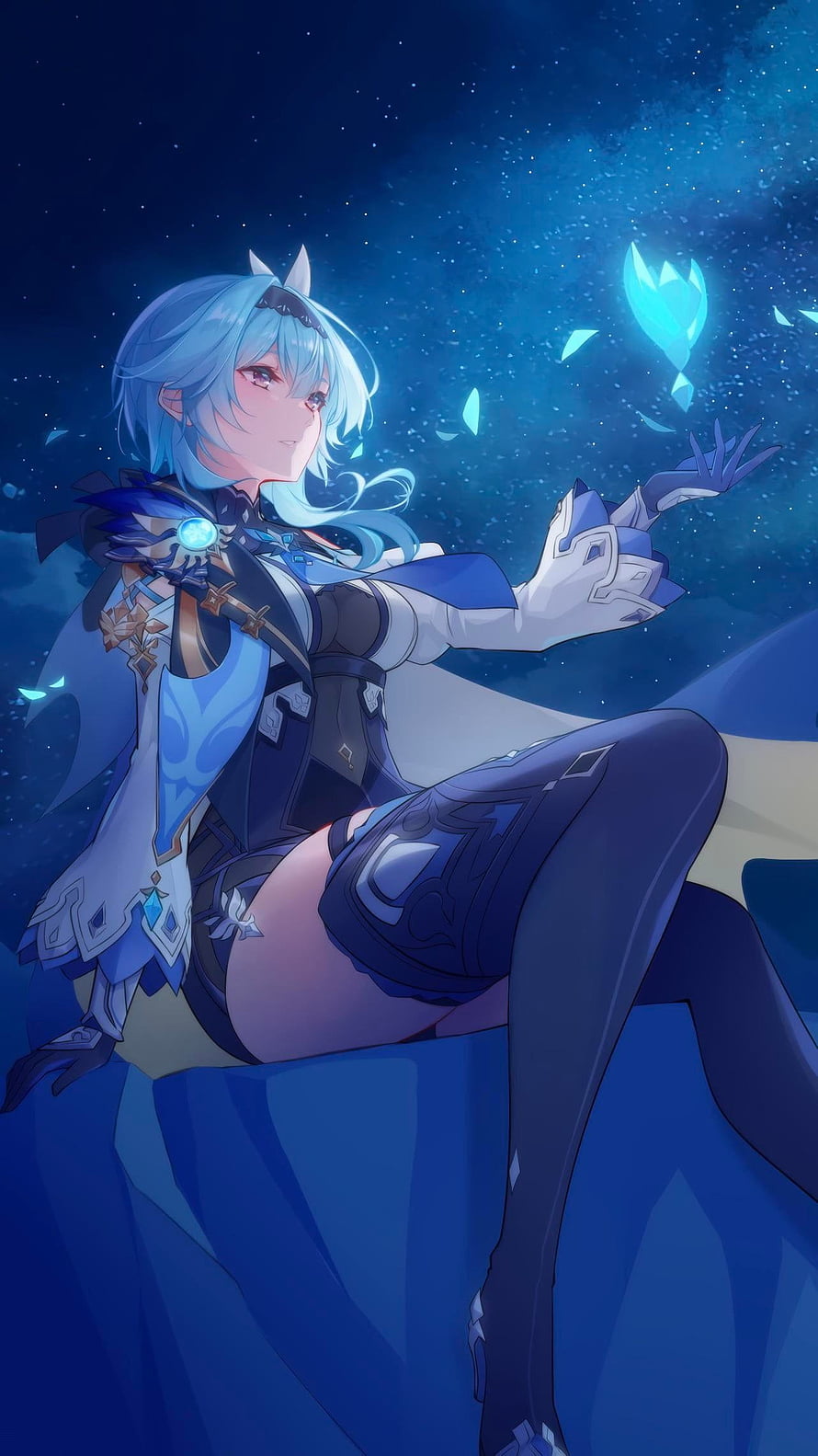Eula from Genshin Impact in Blue Armor with Glowing Crystal Under Starry Night Sky HD phone wallpaper