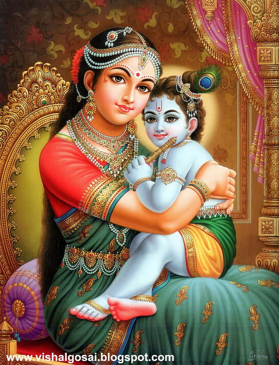 Baby Krishna Playing Flute Held by Mother Yashoda in Traditional Indian Art HD phone wallpaper