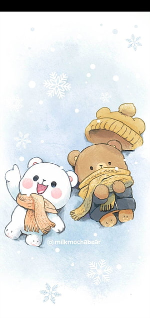 Milk Mocha Bears Winter Watercolor Illustration with Snowflakes HD phone wallpaper