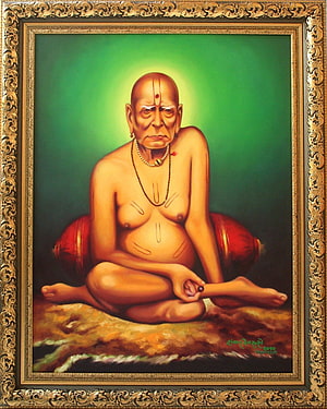 Swami Samarth Portrait Painting in Ornate Gold Frame with Green Background HD phone wallpaper