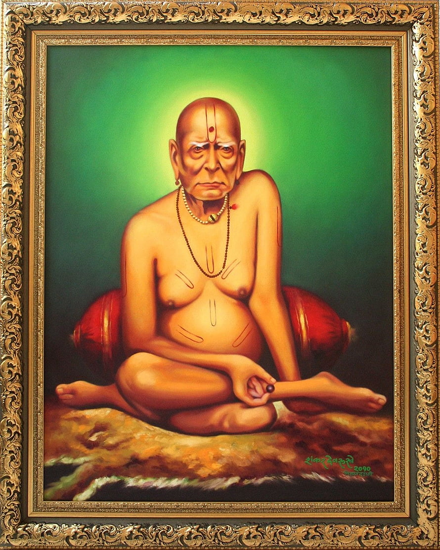 Swami Samarth Portrait Painting in Ornate Gold Frame with Green Background HD phone wallpaper