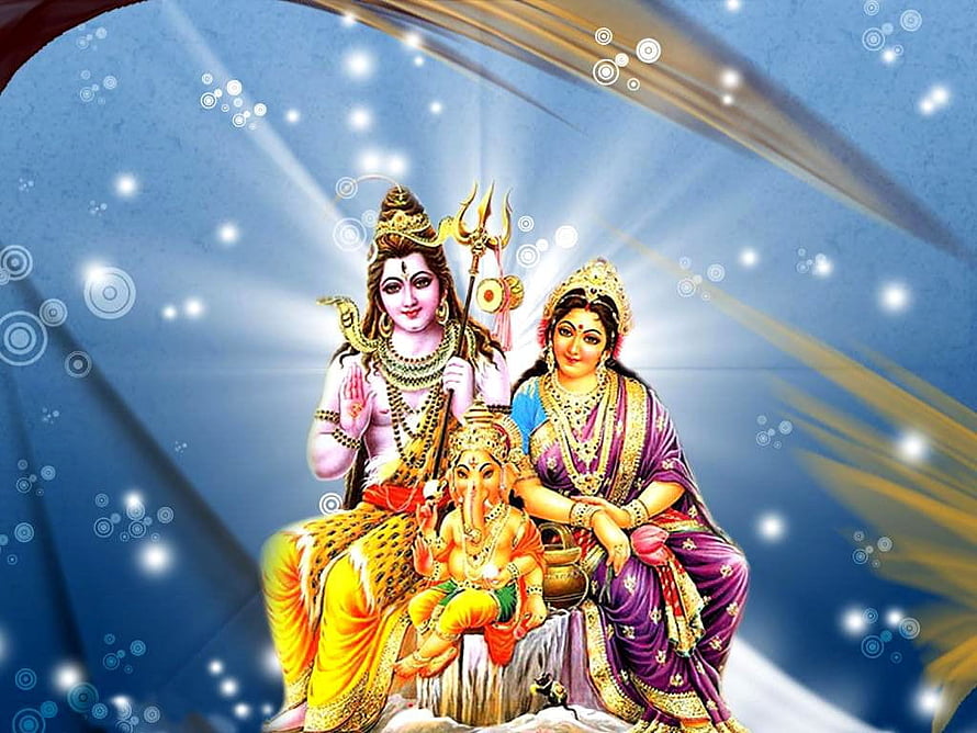 Lord Shiva, Goddess Parvati, and Ganesha in a Radiant Divine Family Portrait HD wallpaper