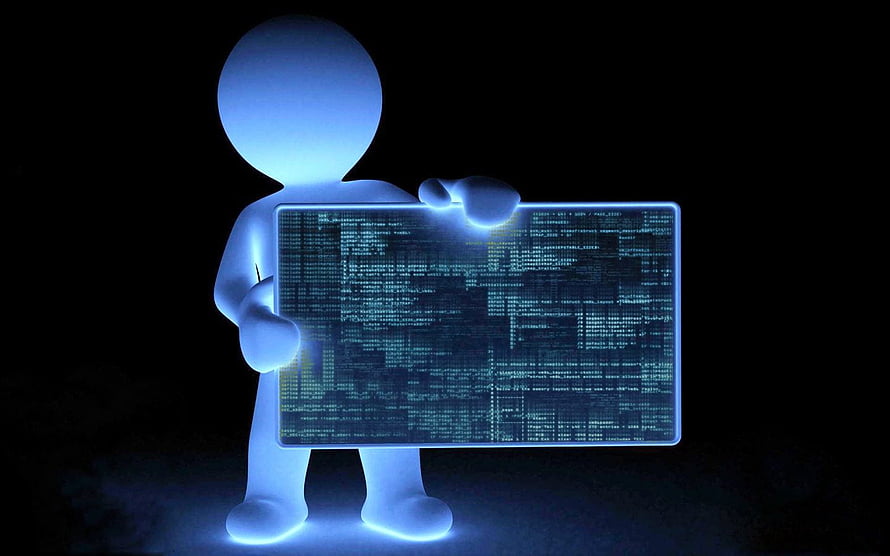 Glowing 3D Figure Holding a Transparent Screen with Programming Code on a Black Background HD wallpaper