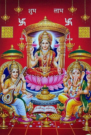 Goddess Lakshmi with Saraswati and Ganesha on Lotus Throne Hindu Deity Art HD phone wallpaper
