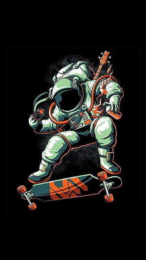 Astronaut Skateboarding with Electric Guitar and Camera on Black Background HD phone wallpaper