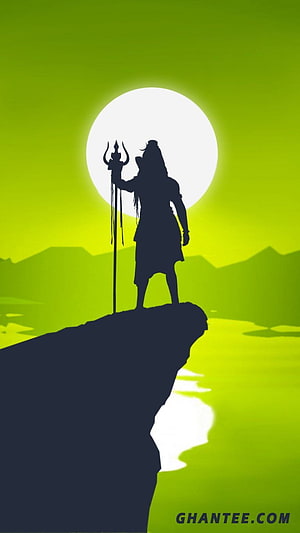 Lord Shiva Silhouette Standing on Cliff with Trident Against Full Moon HD phone wallpaper