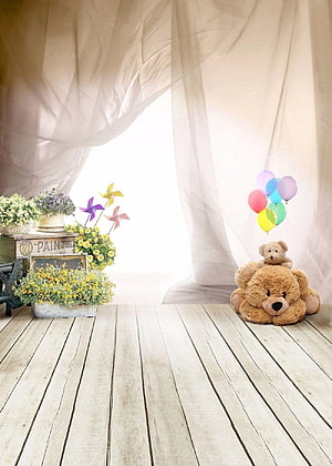 Cozy Nursery Scene With Teddy Bears, Colorful Balloons, and Potted Flowers on a Wooden Floor HD phone wallpaper