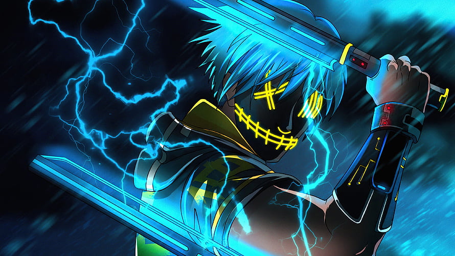 Sans the skeleton wielding glowing blue swords with lightning effects in a dark anime style HD wallpaper