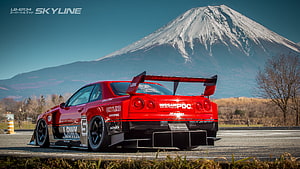 Red Liberty Walk R34 Skyline GT-R with Mount Fuji in the Background HD wallpaper