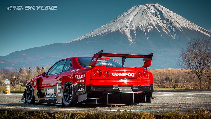 Red Liberty Walk R34 Skyline GT-R with Mount Fuji in the Background HD wallpaper