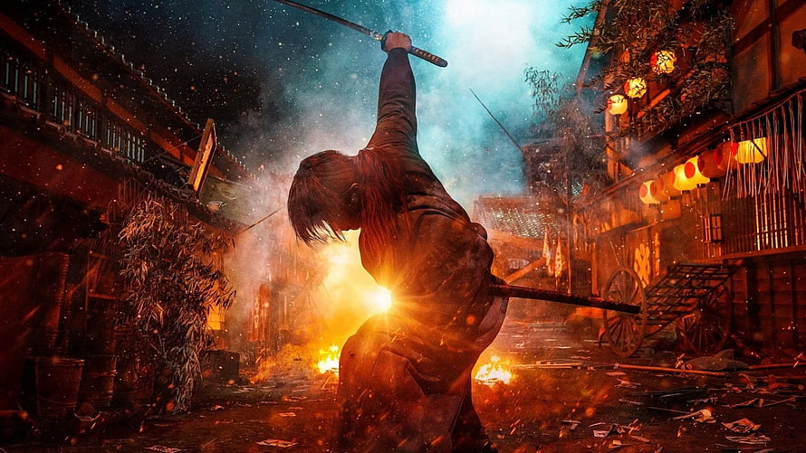 Rurouni Kenshin Live Action Movie Scene with Samurai Sword in Fiery Alley HD wallpaper