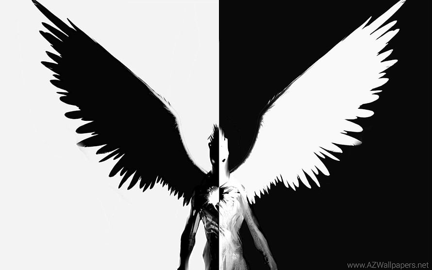 Split Screen Angel and Devil Silhouette with Contrasting Black and White Wings HD wallpaper