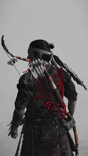 Jin Sakai from Ghost of Tsushima in traditional samurai armor holding a recurve bow and quiver of arrows HD phone wallpaper