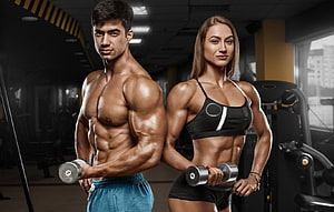 Fit Muscular Man And Woman Lifting Dumbbells In Modern Gym, Fitness Man, women muscles HD wallpaper