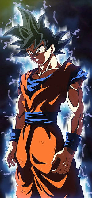 Goku in Tattered Orange Gi with Blue Aura and Lightning Background HD phone wallpaper