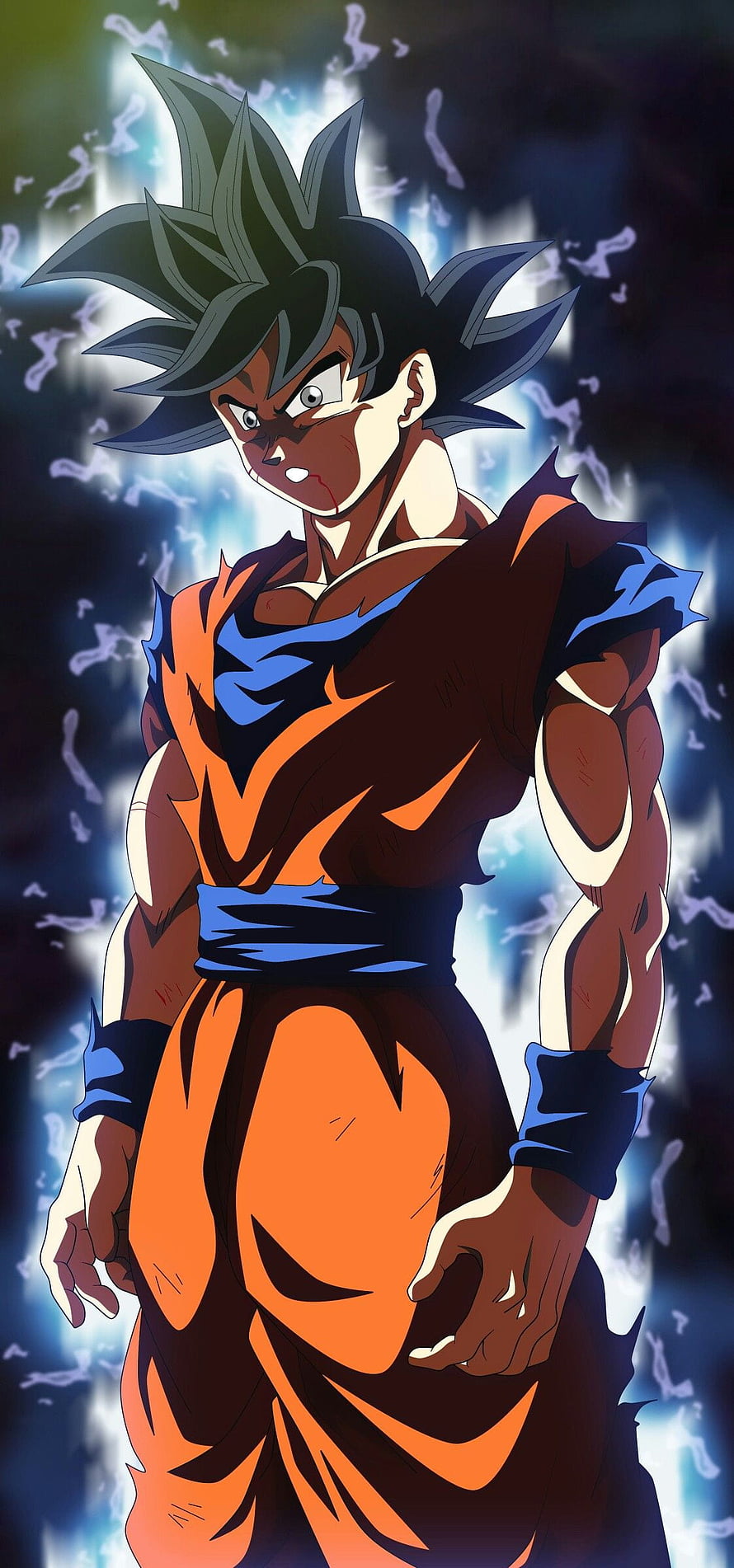Goku in Tattered Orange Gi with Blue Aura and Lightning Background HD phone wallpaper