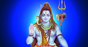 Lord Shiva Digital Art with Trishul, Damaru, and Serpent Adornment on Blue Background HD wallpaper