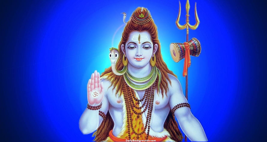 Lord Shiva Digital Art with Trishul, Damaru, and Serpent Adornment on Blue Background HD wallpaper