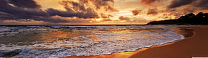 Golden Sunset Over Ocean Waves Crashing On Sandy Beach With Dramatic Clouds HD wallpaper