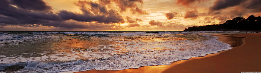 Golden Sunset Over Ocean Waves Crashing On Sandy Beach With Dramatic Clouds HD wallpaper