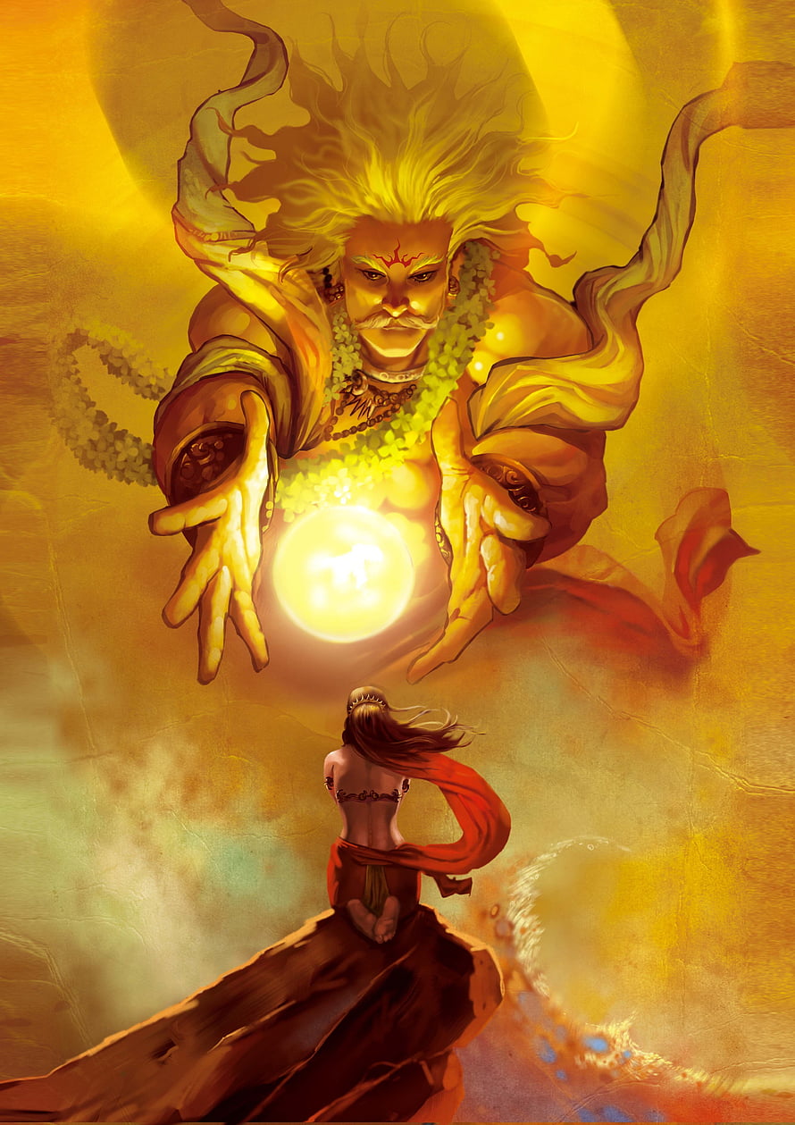 Mystical Fantasy Art of a Powerful Deity Holding a Glowing Orb Over a Woman, Legend of Karna, karnan HD phone wallpaper