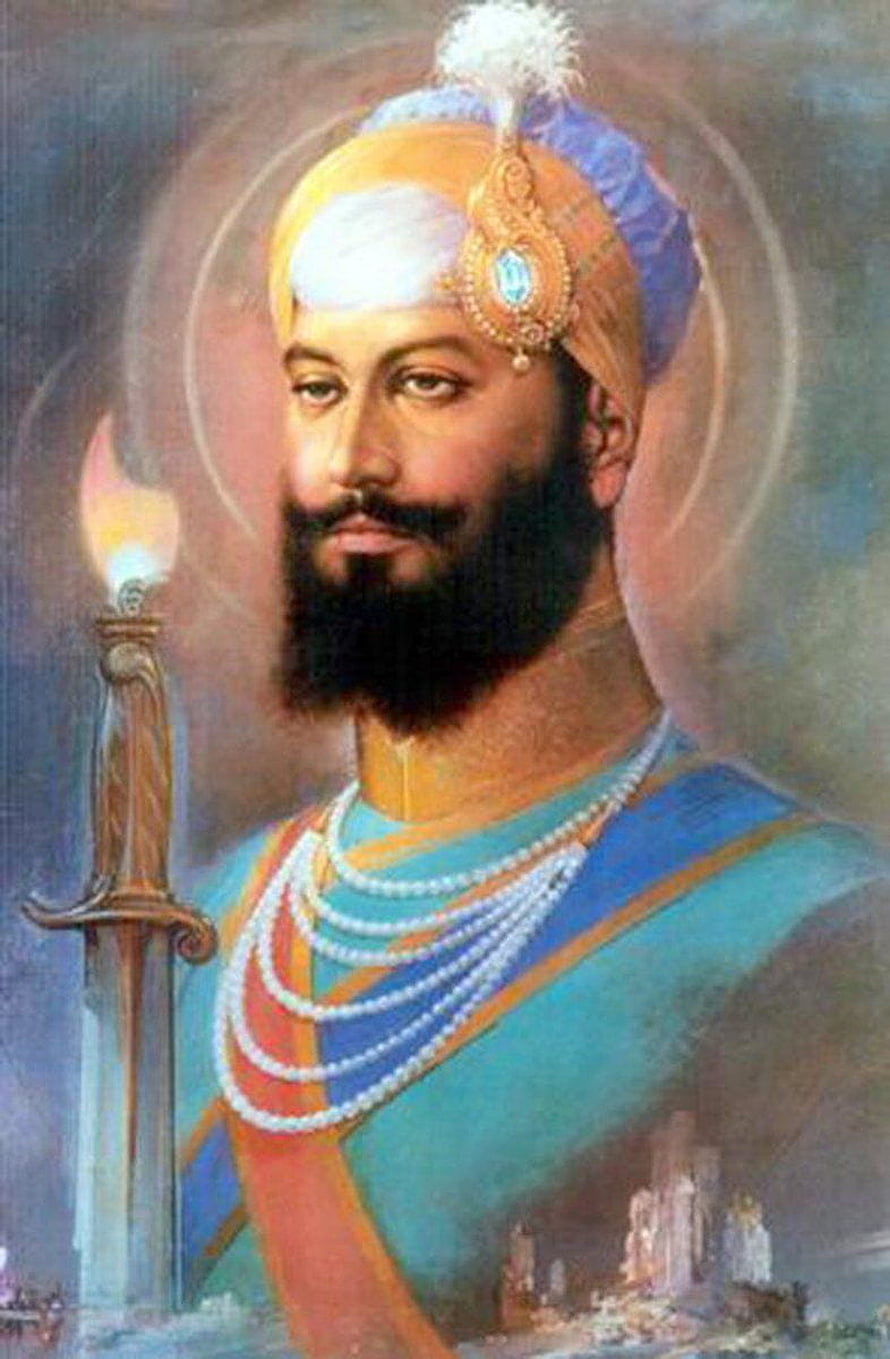 Portrait of Guru Hargobind Sahib with Turban, Pearls, and Sword HD phone wallpaper