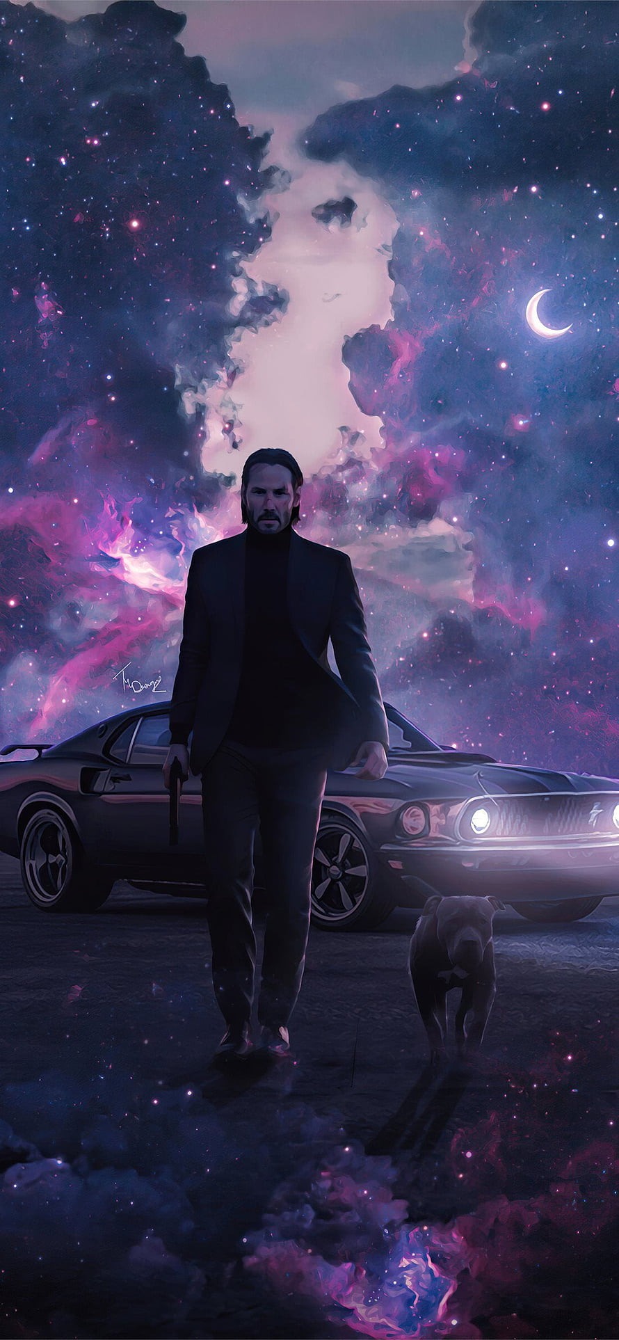 John Wick Walking With Dog And Mustang In Cosmic Purple Nebula Art HD phone wallpaper