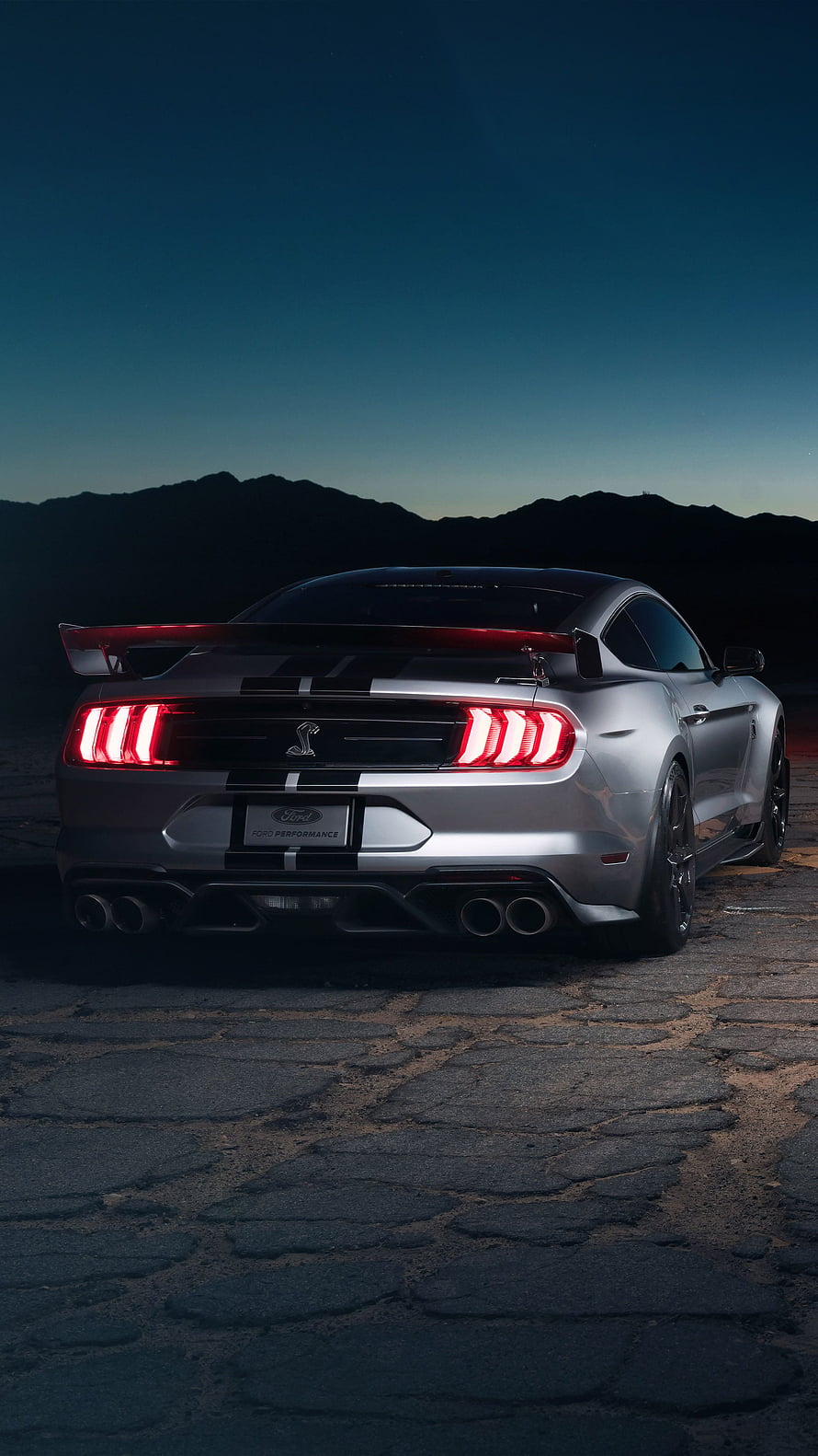 Rear View of Ford Mustang Shelby GT500 Ultra with Black Racing Stripes at Dusk HD phone wallpaper