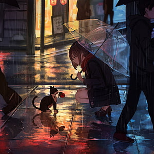 Anime Girl With Transparent Umbrella Offering A Rose To A Kitten On A Rainy City Street HD phone wallpaper
