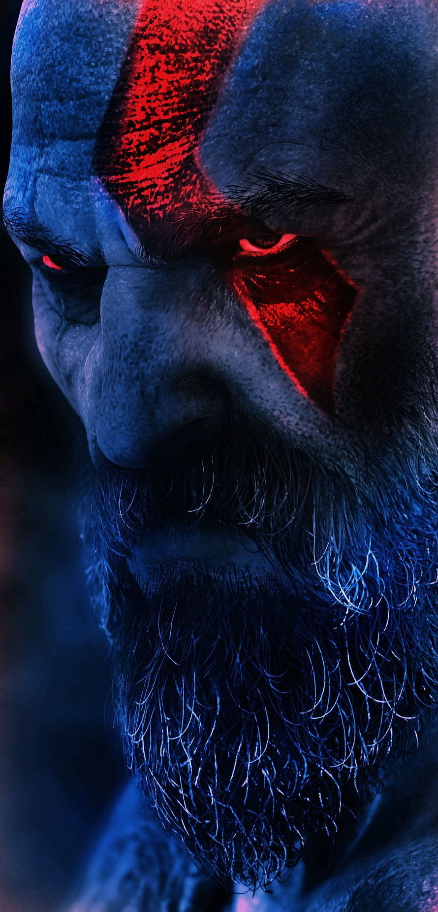 Kratos Close-Up Portrait with Glowing Red War Paint and Intense Eyes HD phone wallpaper
