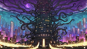 Library of Ruina Tower Concept Art with Twisted Branches and Neon City Skyline HD wallpaper