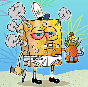 SpongeBob SquarePants Cartoon Illustration with Pineapple House and Cannabis Leaf Cap HD wallpaper