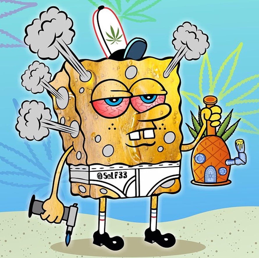SpongeBob SquarePants Cartoon Illustration with Pineapple House and Cannabis Leaf Cap HD wallpaper