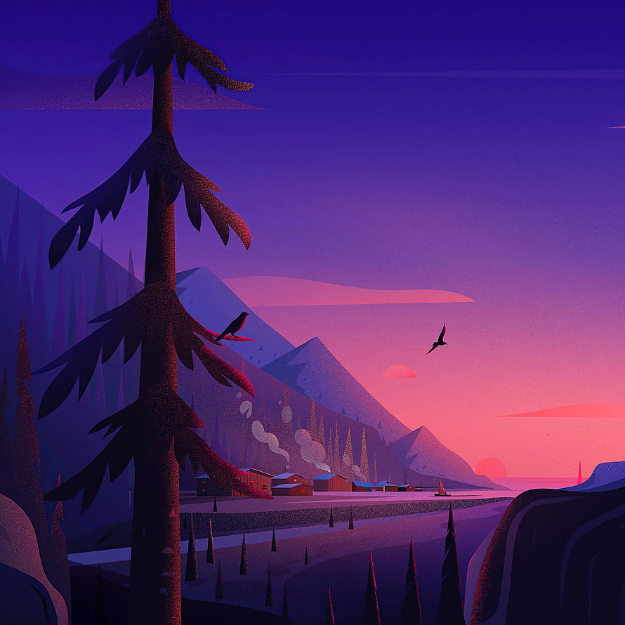 Minimalist Coastal Town at Dusk with Pine Trees and Mountains HD phone wallpaper