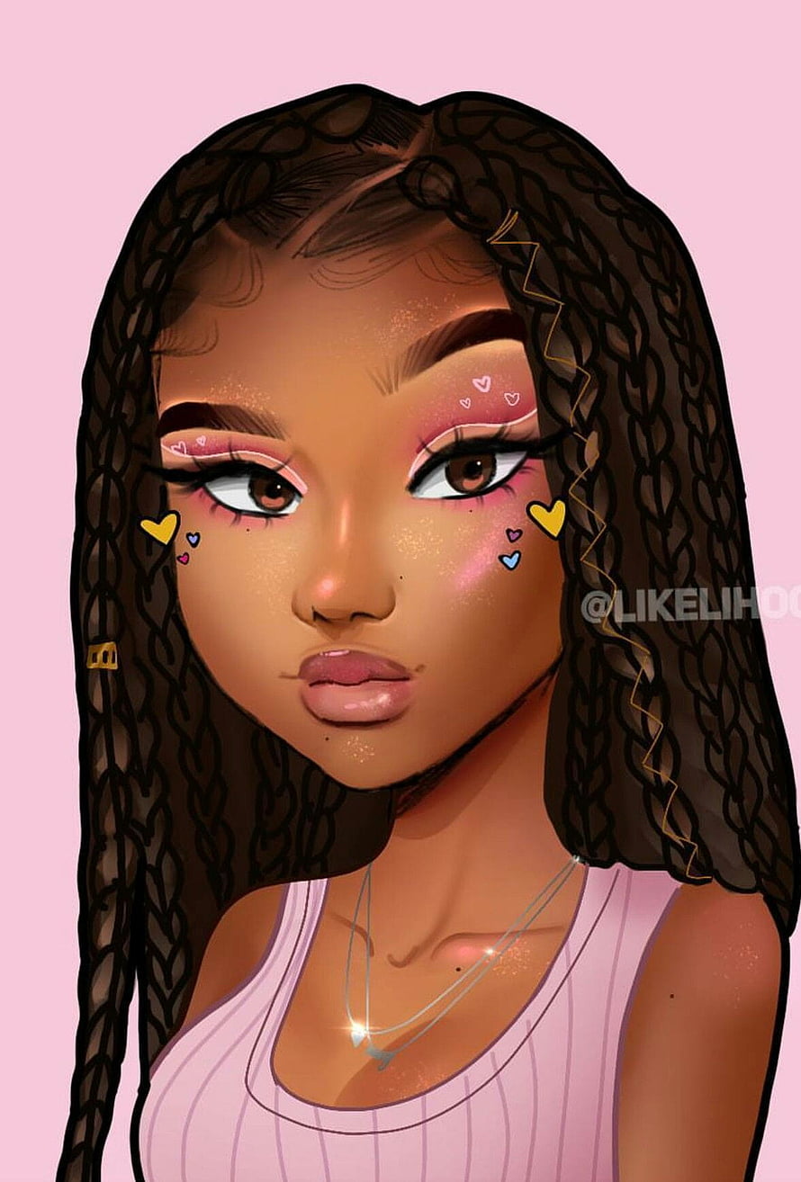 Digital Illustration of a Young Woman with Braided Hair and Heart Face Stickers, Black girl cartoonpinterest, cartoons black girls HD phone wallpaper