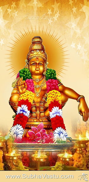 Golden Ayyappa Swamy Statue Adorned With Flower Garlands And Oil Lamps HD phone wallpaper