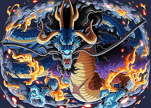 Kaido Dragon Form One Piece Anime Illustration with Fire and Clouds HD wallpaper
