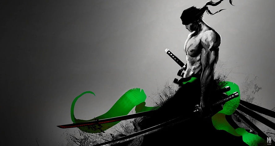 Silhouette of a muscular samurai warrior with katana swords and green ink brush strokes HD wallpaper